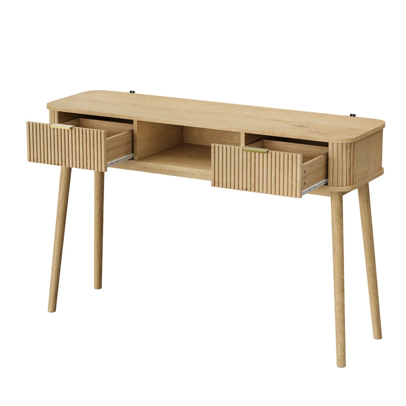 Console effet chêne et à latte avec tiroirs, poignées métalliques dorées 120x35cm RUSTICRUGSET