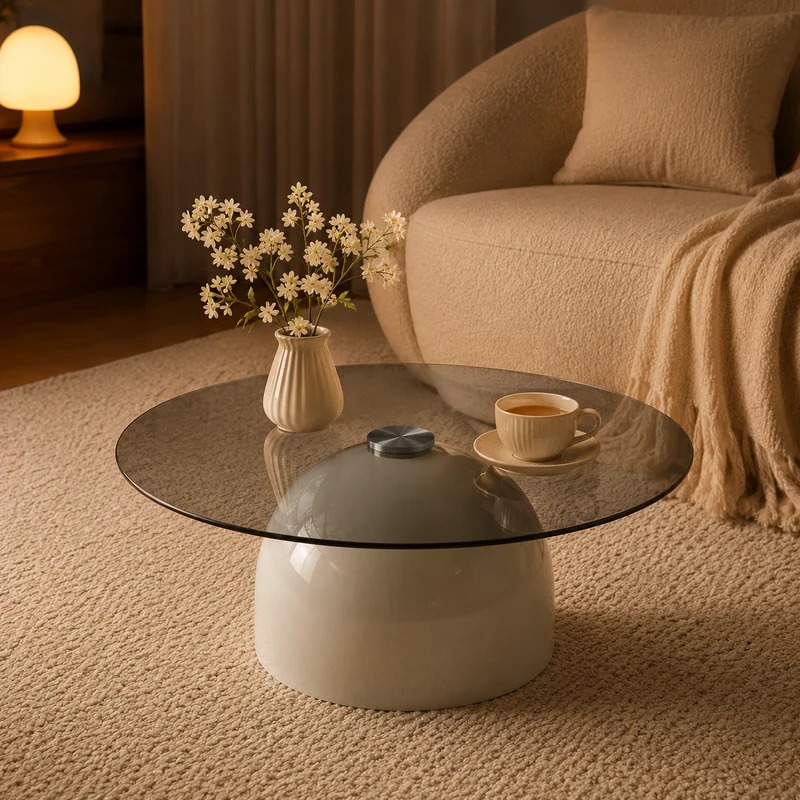 Table basse ronde en verre teinté et acier gris, design moderne Ø70cm SCANDINAVIANBENCH