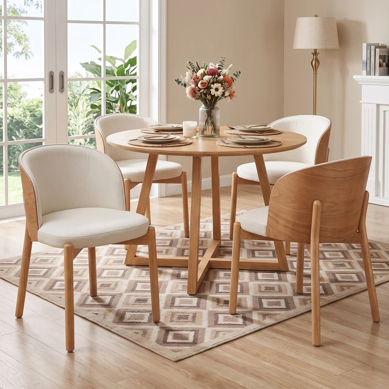 Lot de 2 chaises de salle à manger dossier incurvé en bois clair, tissu lin blanc RUSTICFLOOR