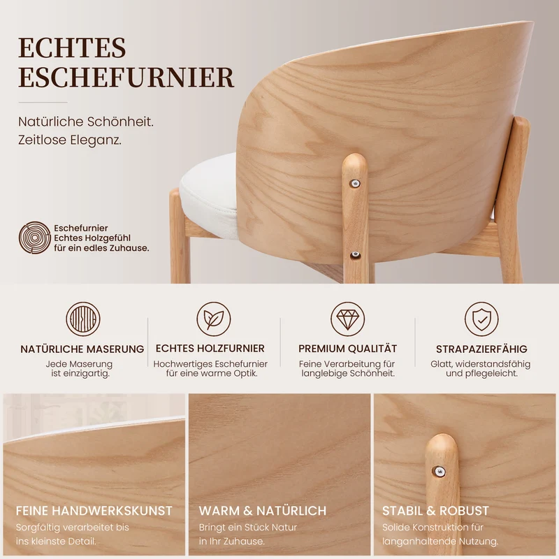 Lot de 2 chaises de salle à manger dossier incurvé en bois clair, tissu lin blanc RUSTICFLOOR