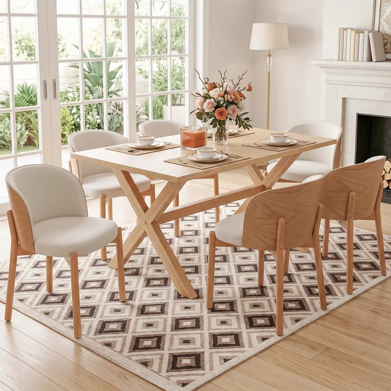 Lot de 2 chaises de salle à manger dossier incurvé en bois clair, tissu lin blanc RUSTICFLOOR