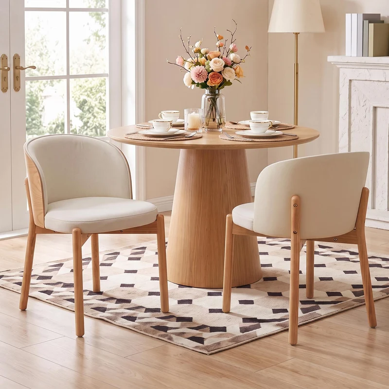 Lot de 2 chaises de salle à manger dossier incurvé en bois clair, tissu lin blanc RUSTICFLOOR