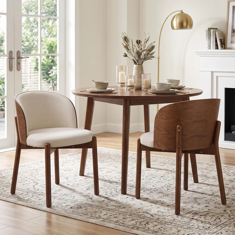 Lot de 2 chaises de salle à manger dossier incurvé en bois noyer, tissu lin blanc RUSTICFLOORHOME