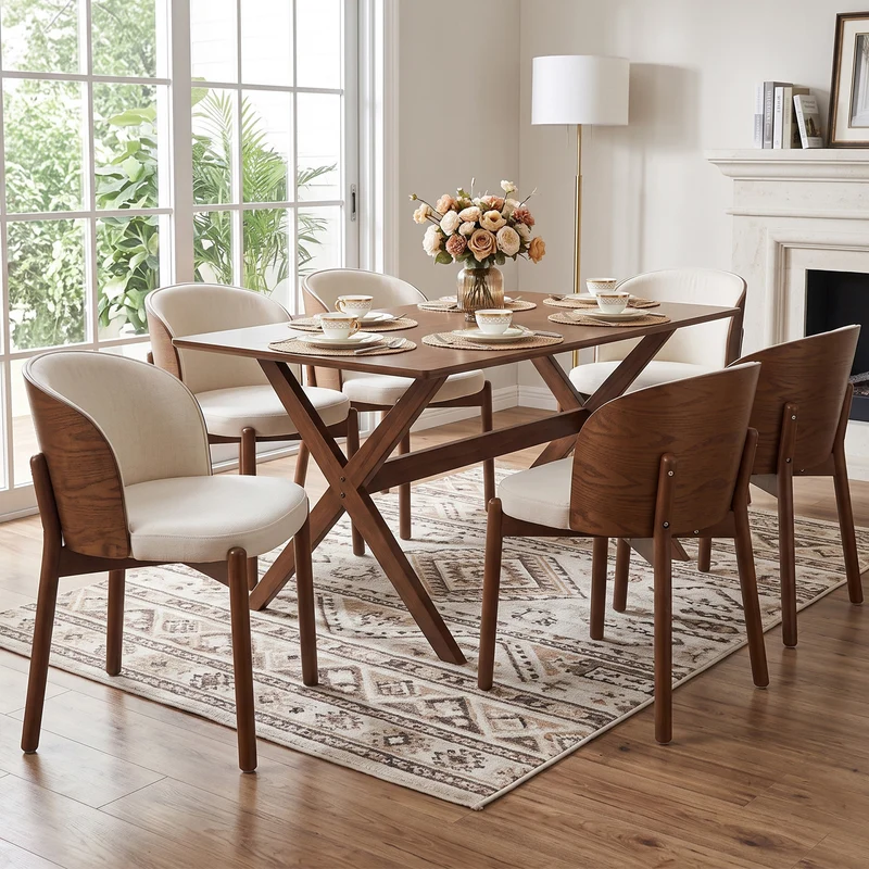 Lot de 2 chaises de salle à manger dossier incurvé en bois noyer, tissu lin blanc RUSTICFLOORHOME