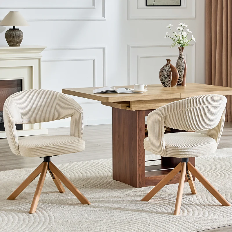 Lot de 2 chaises de salle à manger pivotantes 360° velours côtelé crème RUSTICWARDROBESET