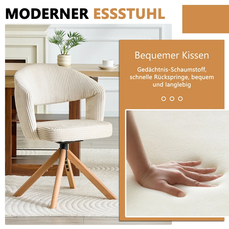 Lot de 2 chaises de salle à manger pivotantes 360° velours côtelé crème RUSTICWARDROBESET