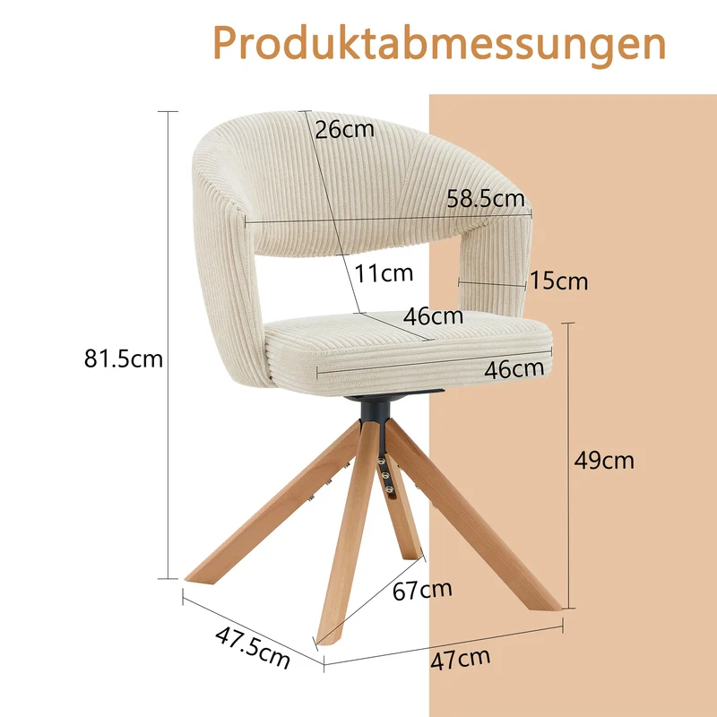 Lot de 2 chaises de salle à manger pivotantes 360° velours côtelé crème RUSTICWARDROBESET
