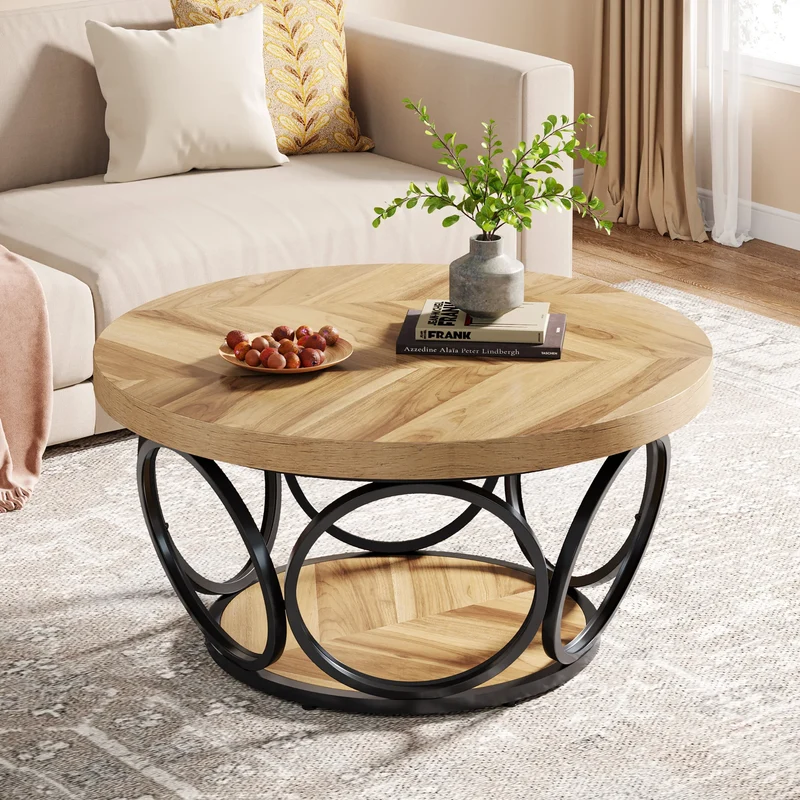 Table basse Denis — bois, métal, rangement intégré, 2 niveaux