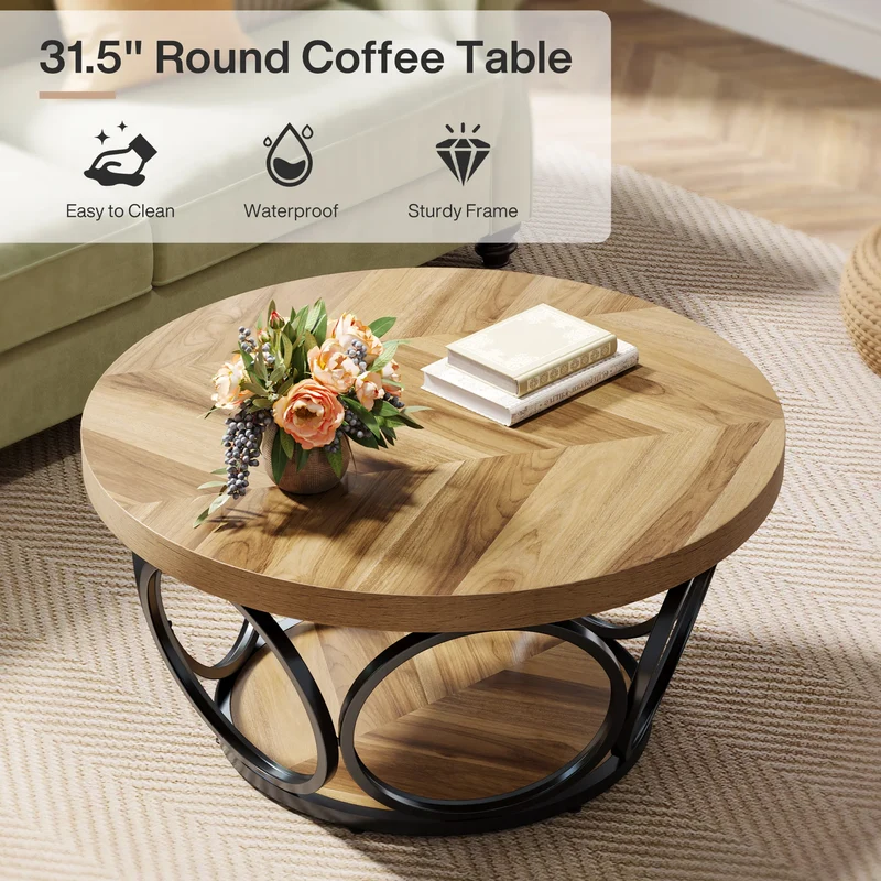Table basse Denis — bois, métal, rangement intégré, 2 niveaux