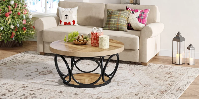 Table basse Denis — bois, métal, rangement intégré, 2 niveaux