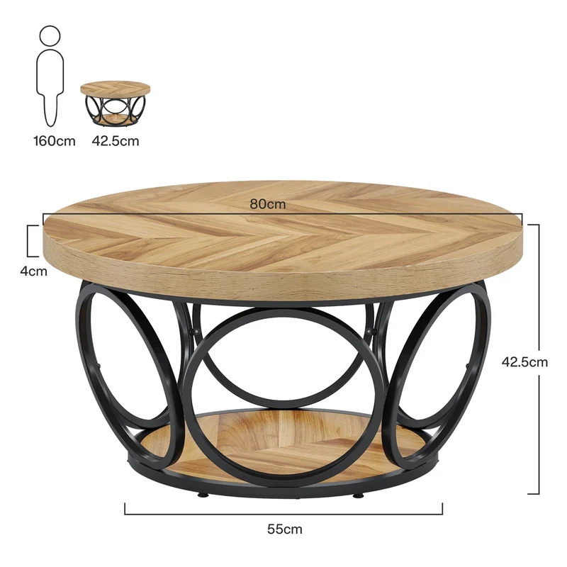 Table basse Denis — bois, métal, rangement intégré, 2 niveaux