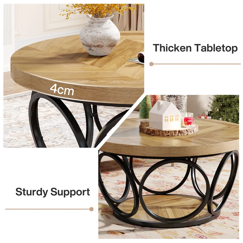Table basse Denis — bois, métal, rangement intégré, 2 niveaux