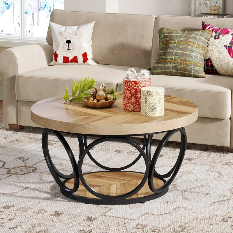 Table basse Denis — bois, métal, rangement intégré, 2 niveaux