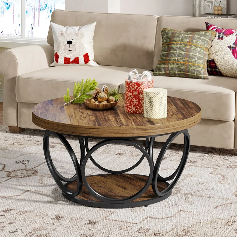 Table basse Denis — bois, métal, rangement intégré, 2 niveaux