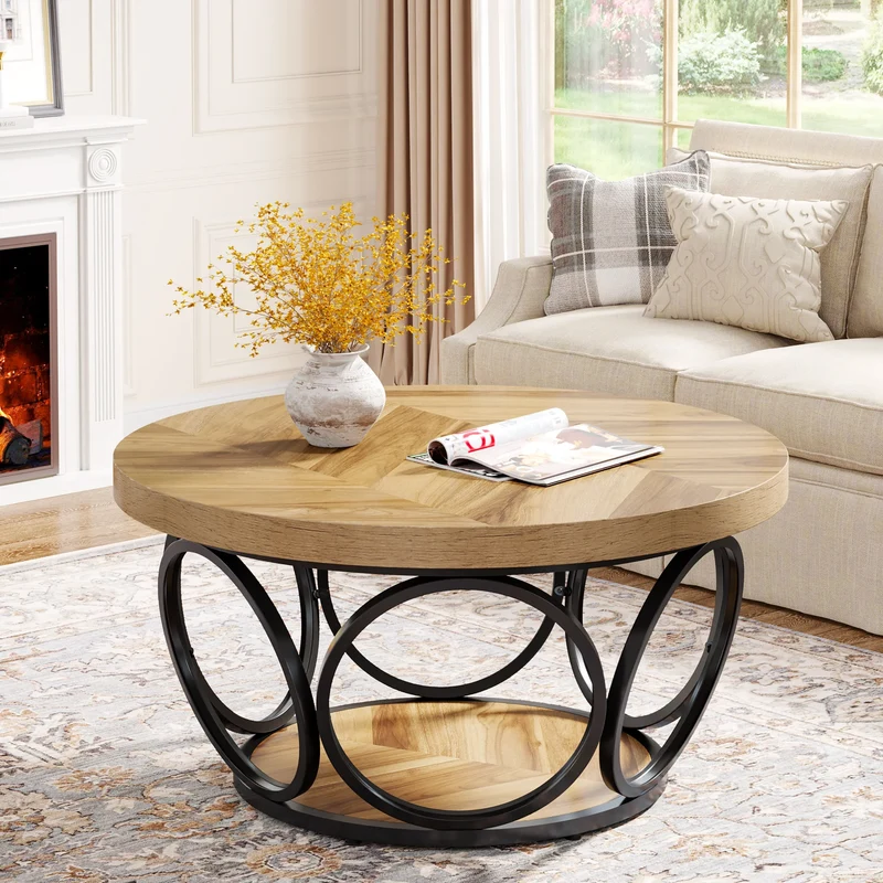 Table basse Denis — bois, métal, rangement intégré, 2 niveaux