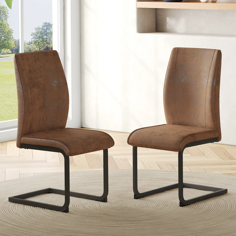 Lot de 2 chaises de salle à manger marron en tissu, pieds noirs métalliques