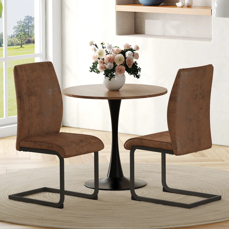 Lot de 2 chaises de salle à manger marron en tissu, pieds noirs métalliques