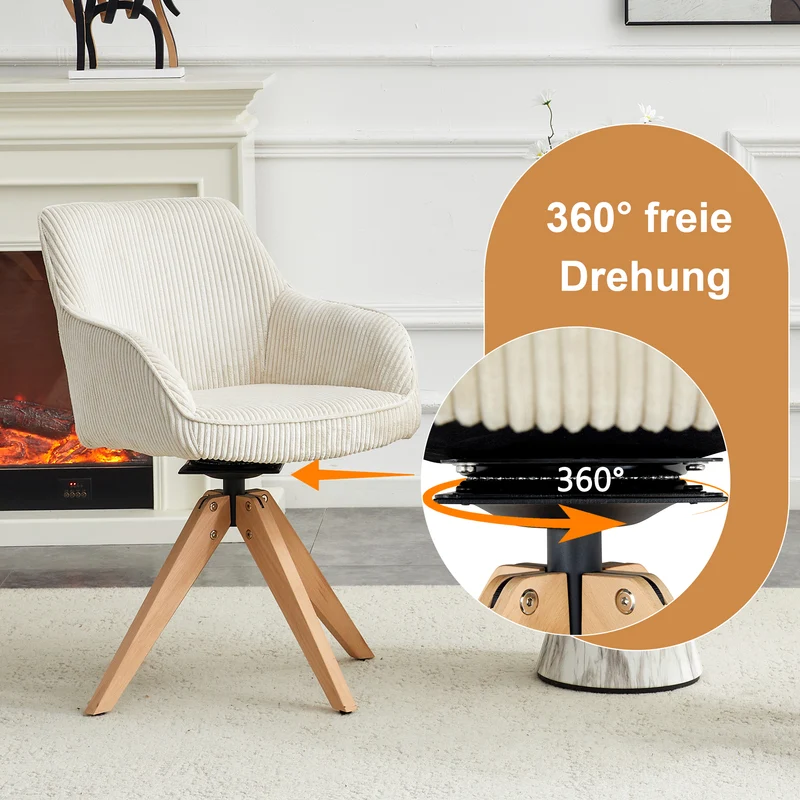 Lot de 2 chaises pivotantes velours côtelé écru, pieds bois SCANDINAVIANSTEELPLU