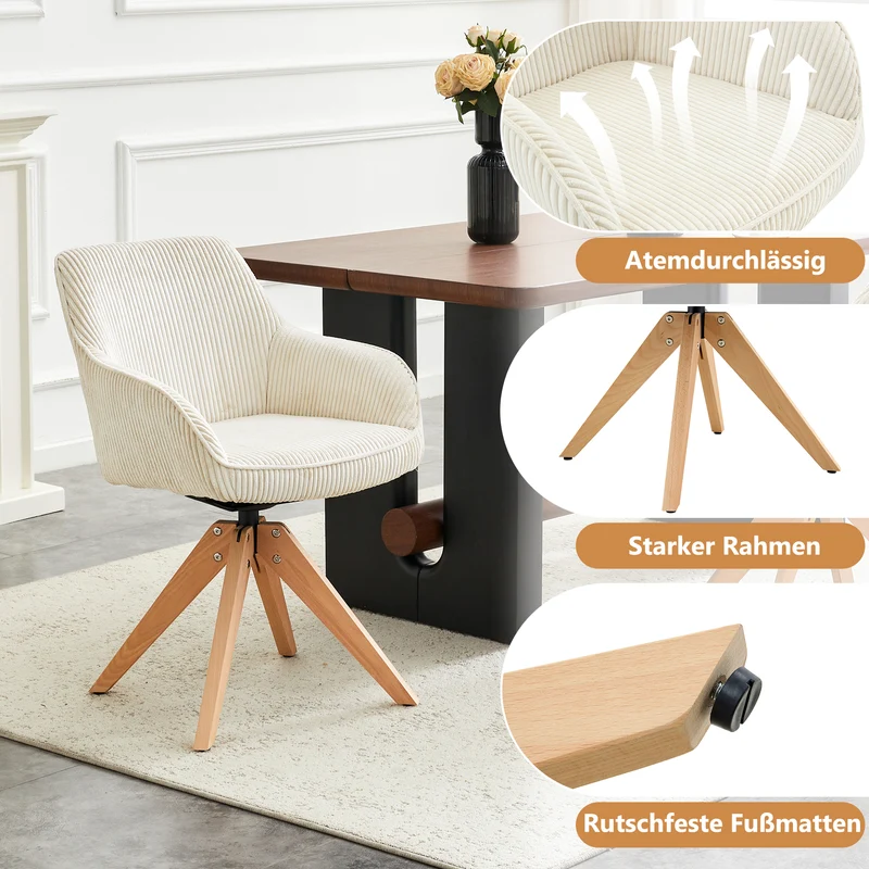 Lot de 2 chaises pivotantes velours côtelé écru, pieds bois SCANDINAVIANSTEELPLU