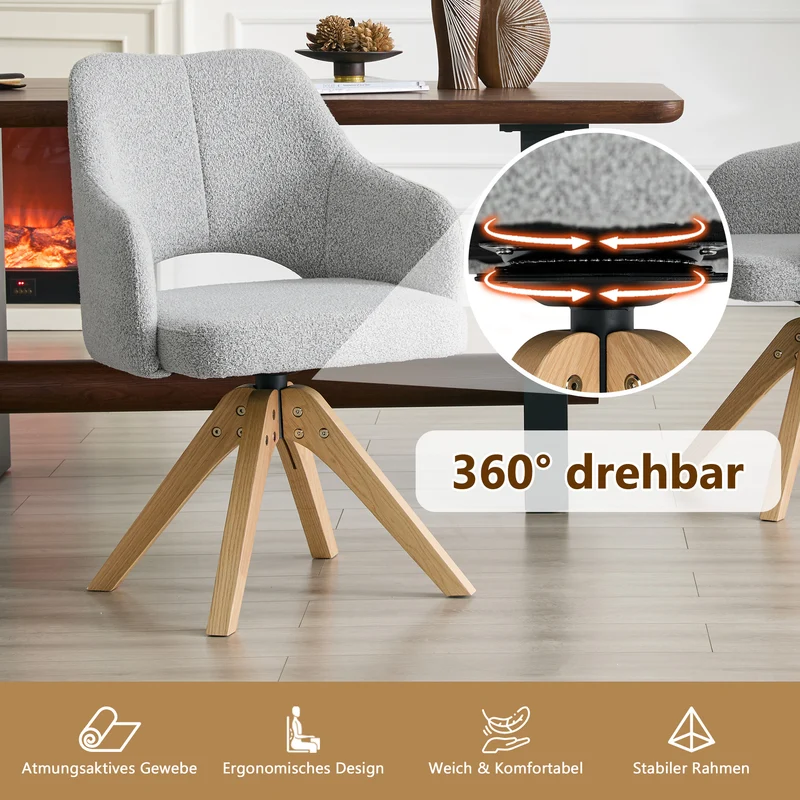 Lot de 2 chaises pivotantes gris clair en tissu, pieds bois SCANDINAVIANRESINSTY