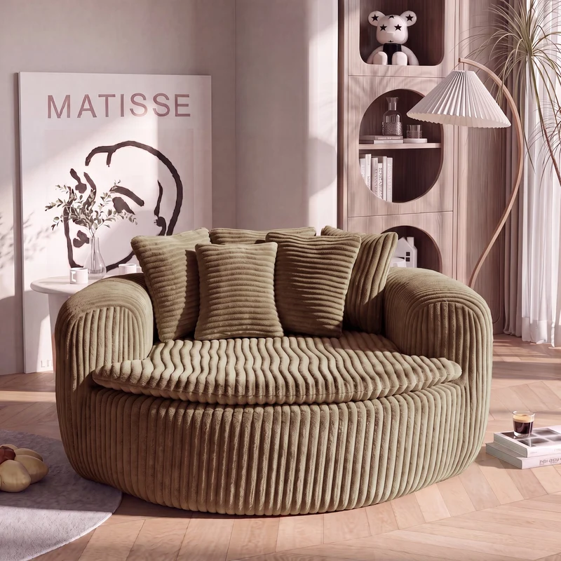 Fauteuil round lounge XXL en velours côtelé camel, 5 coussins 145x133cm RUSTICDESKART