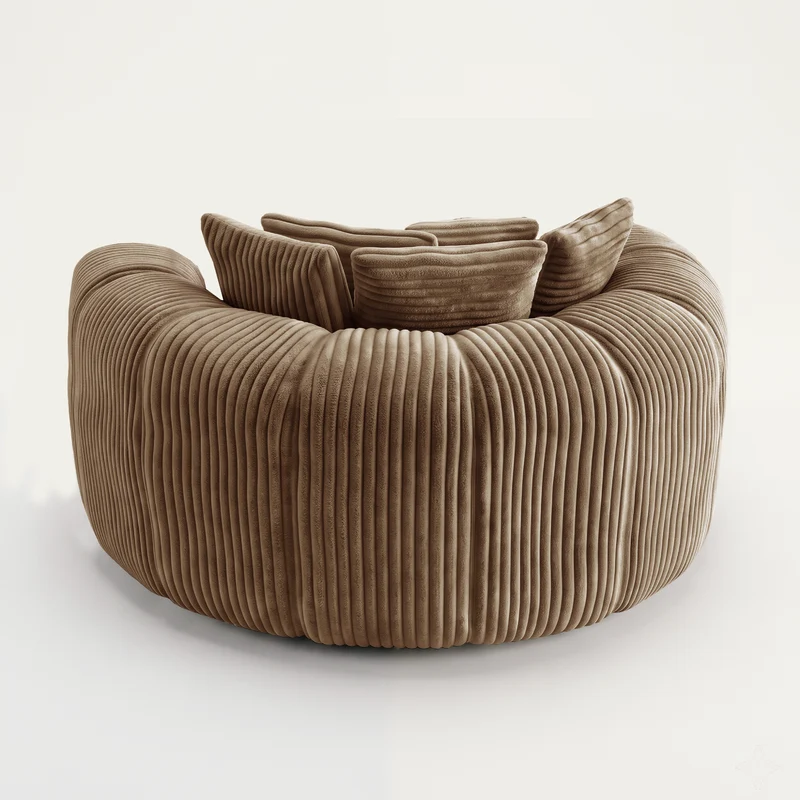 Fauteuil round lounge XXL en velours côtelé camel, 5 coussins 145x133cm RUSTICDESKART