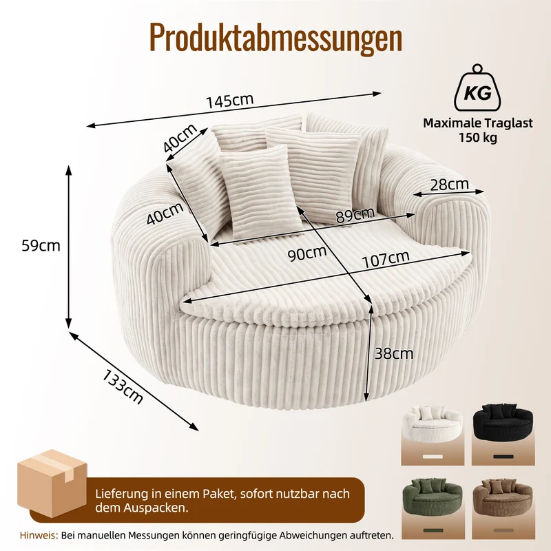 Fauteuil round lounge XXL en velours côtelé beige, 5 coussins 145x133cm RUSTICDESKSET
