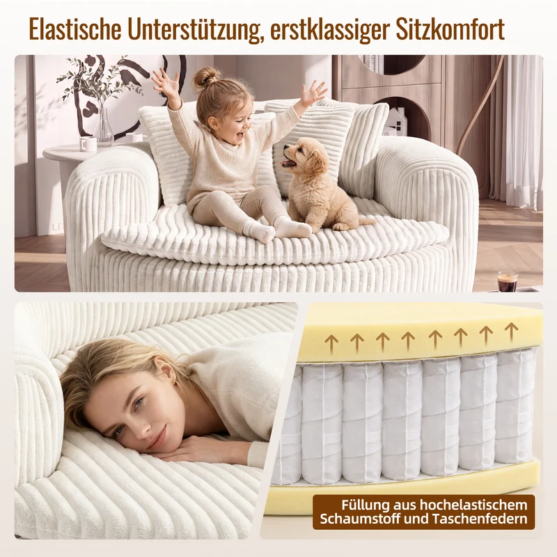 Fauteuil round lounge XXL en velours côtelé beige, 5 coussins 145x133cm RUSTICDESKSET