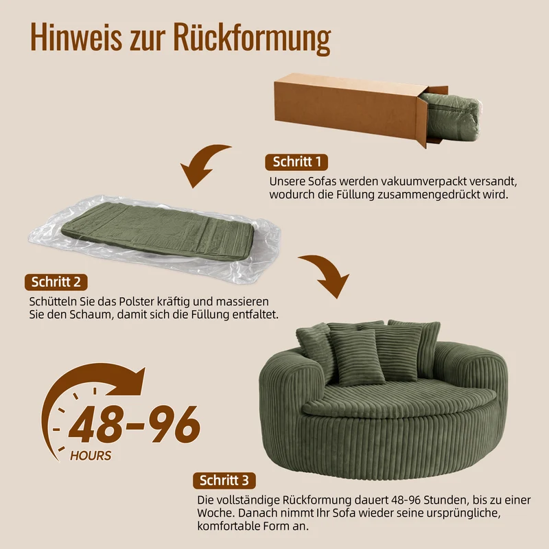 Fauteuil round lounge XXL en velours côtelé vert olive, 5 coussins 145x133cm RUSTICDRESSERSET