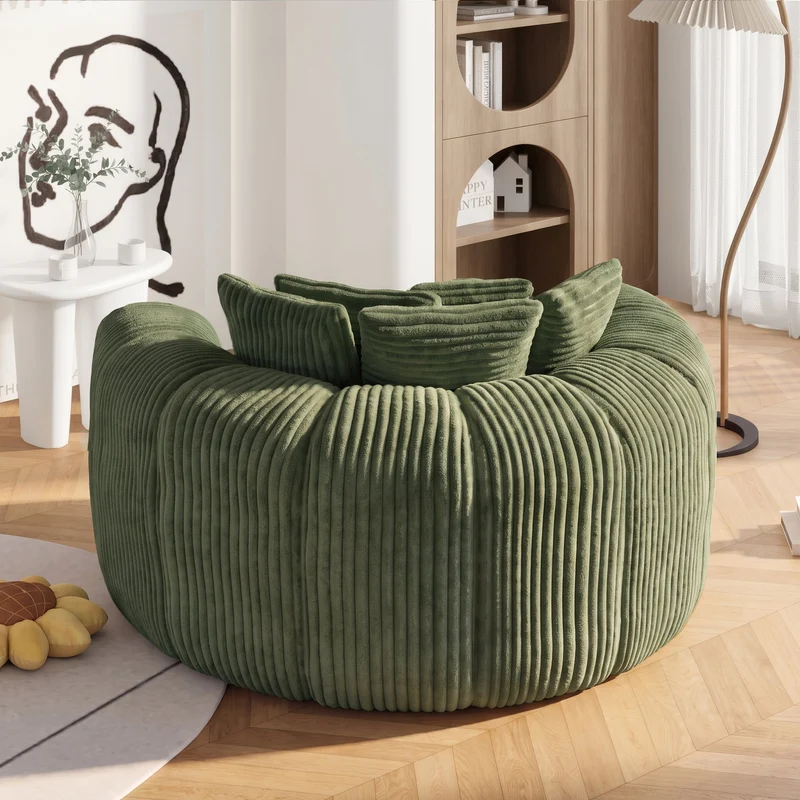 Fauteuil round lounge XXL en velours côtelé vert olive, 5 coussins 145x133cm RUSTICDRESSERSET