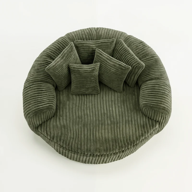 Fauteuil round lounge XXL en velours côtelé vert olive, 5 coussins 145x133cm RUSTICDRESSERSET