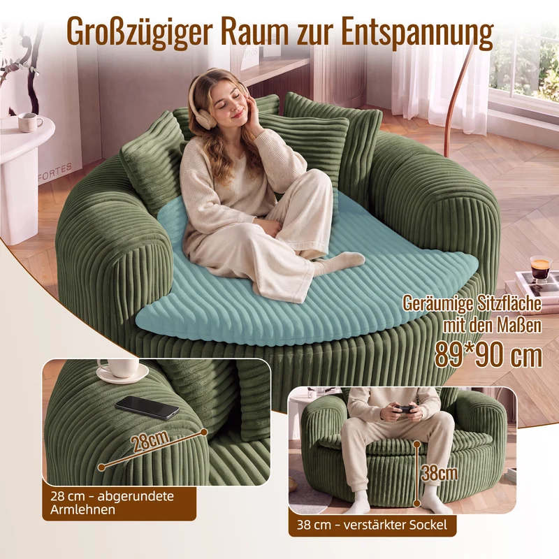 Fauteuil round lounge XXL en velours côtelé vert olive, 5 coussins 145x133cm RUSTICDRESSERSET