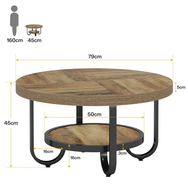Table basse Ursule — rangement intégré, 2 niveaux, ronde, étagères ouvertes