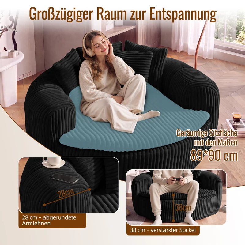 Fauteuil round lounge XXL en velours côtelé noir, 5 coussins 145x133cm RUSTICDIVIDERHOME