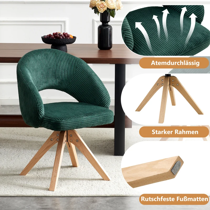 Lot de 2 chaises pivotantes en velours côtelé vert foncé rétro SCANDINAVIANSIDEBOAR
