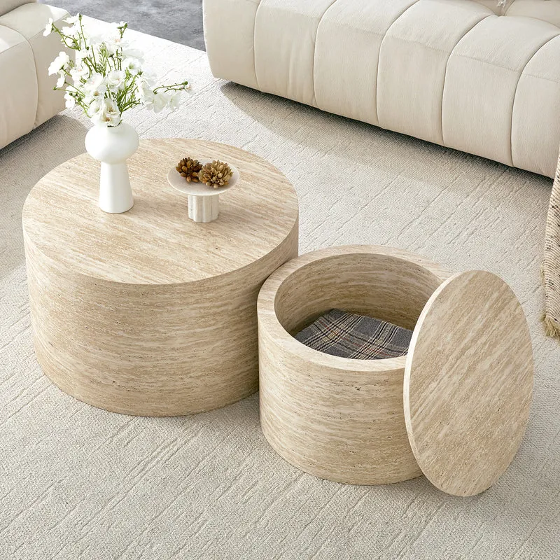 Lot de 2 tables basses gigognes rondes effet bois avec rangement, empilable RUSTICVANITYHOME