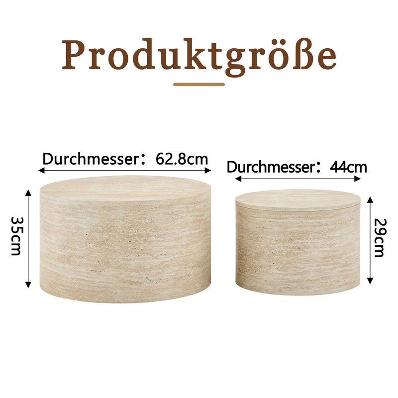 Lot de 2 tables basses gigognes rondes effet bois avec rangement, empilable RUSTICVANITYHOME