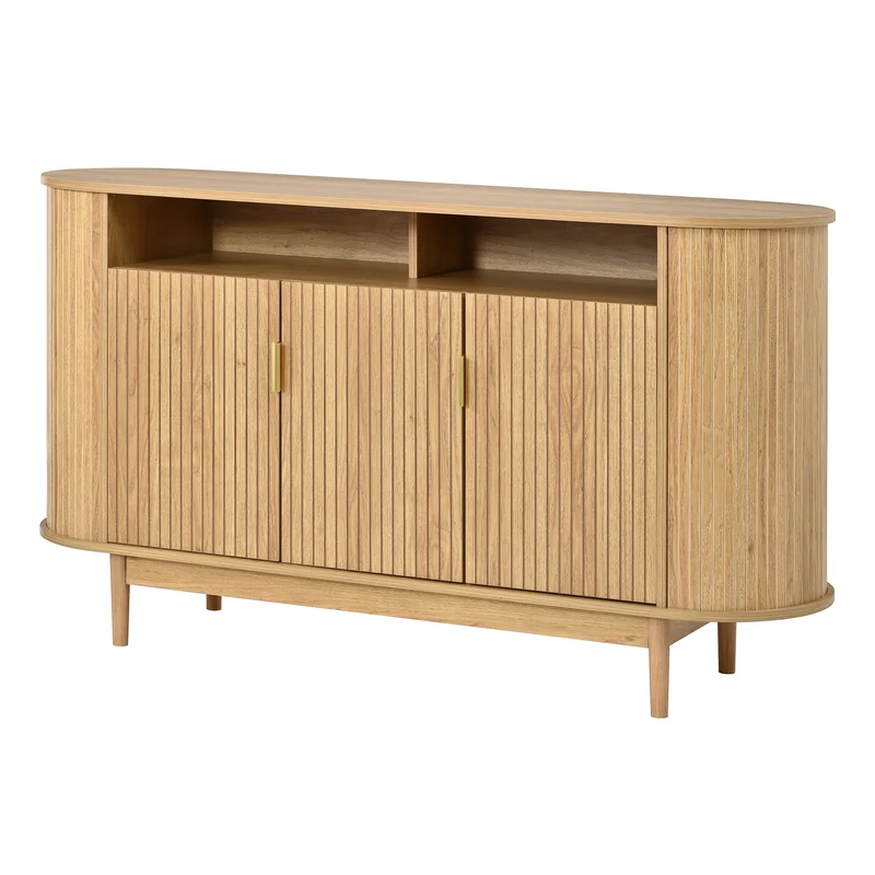 Buffet effet bois naturel, 3 portes, style moderne à relief vertical 140cm RUSTICRUGART