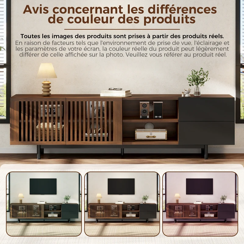 Meuble TV effet noyer et noir avec portes cannées 160cm RUSTICOTTOMANHOME