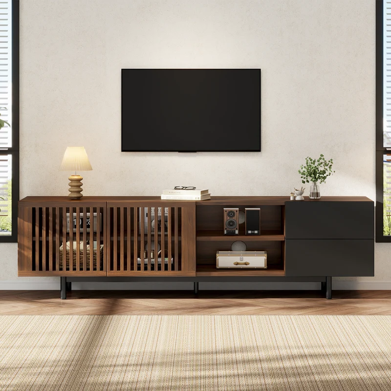 Meuble TV effet noyer et noir avec portes cannées 160cm RUSTICOTTOMANHOME