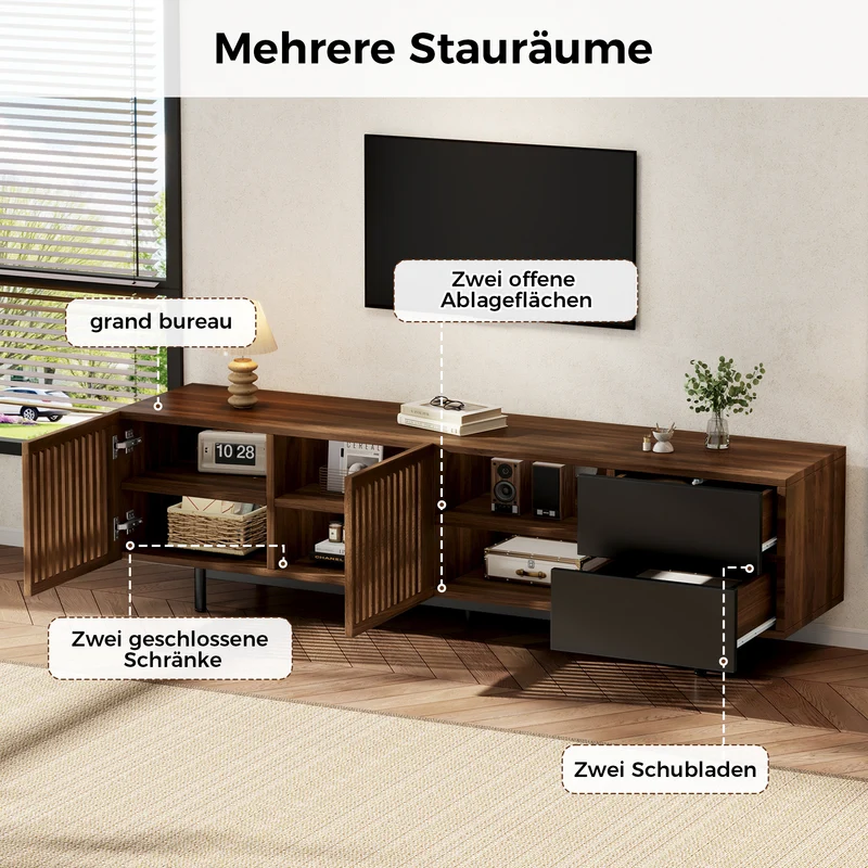 Meuble TV effet noyer et noir avec portes cannées 160cm RUSTICOTTOMANHOME