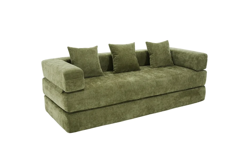 Canapé modulable 2 places convertible en chenille verte, ultra-doux avec poches 198cm RUSTICOTTOMANSET