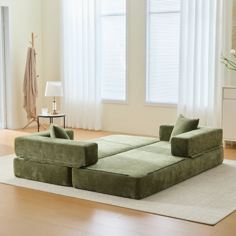 Canapé modulable 2 places convertible en chenille verte, ultra-doux avec poches 198cm RUSTICOTTOMANSET