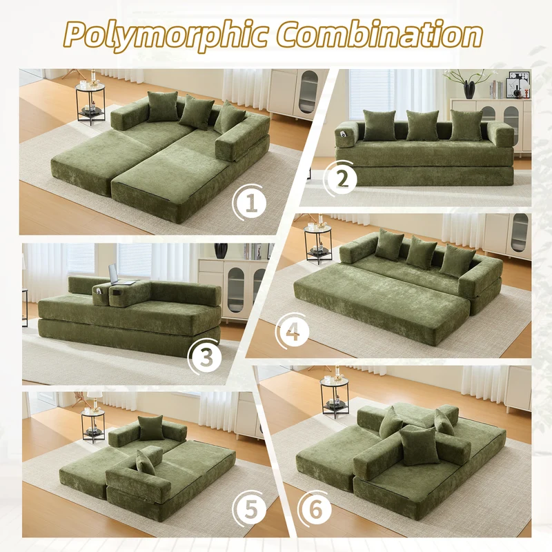 Canapé modulable 2 places convertible en chenille verte, ultra-doux avec poches 198cm RUSTICOTTOMANSET