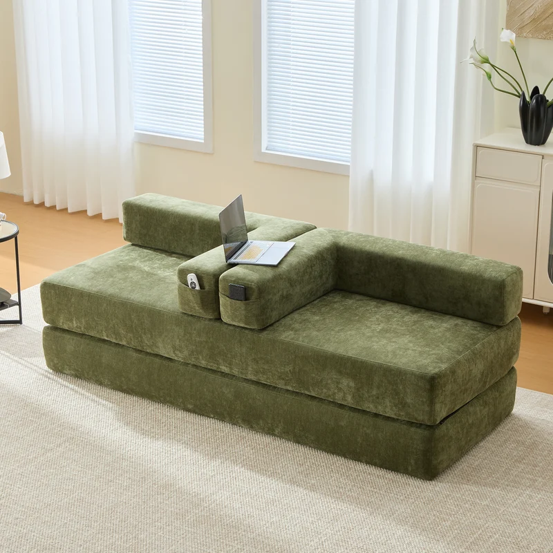 Canapé modulable 2 places convertible en chenille verte, ultra-doux avec poches 198cm RUSTICOTTOMANSET