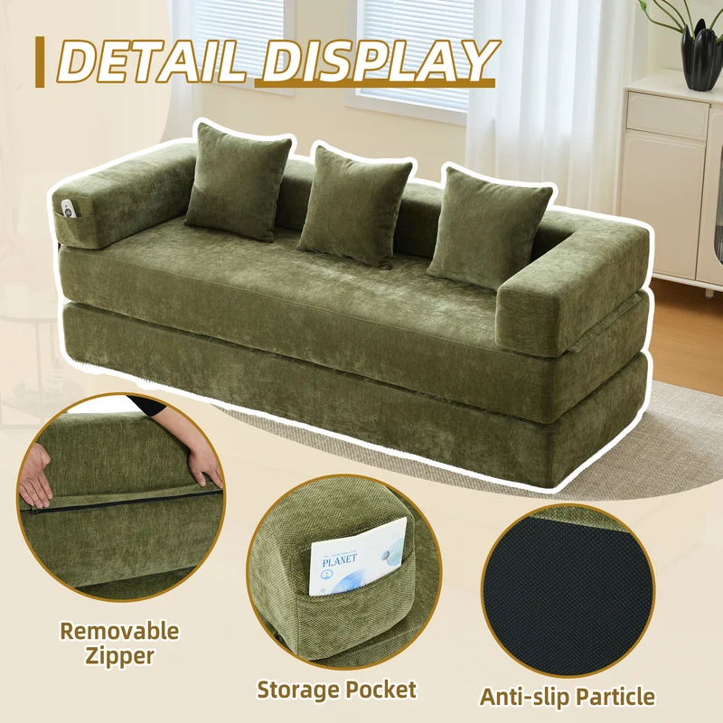 Canapé modulable 2 places convertible en chenille verte, ultra-doux avec poches 198cm RUSTICOTTOMANSET