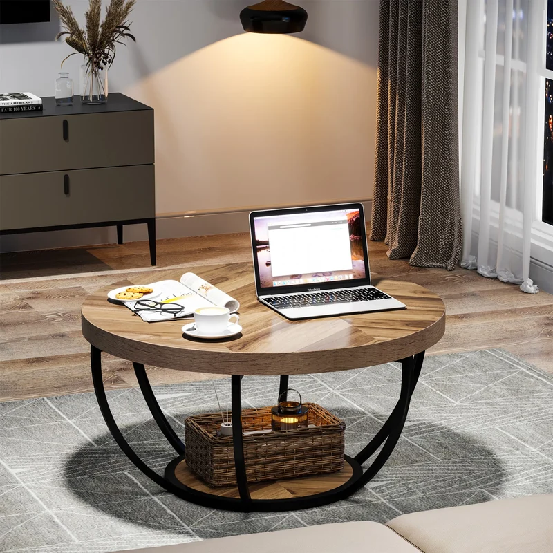 Table basse Marc — bois, style industriel, rangement intégré, 2 niveaux