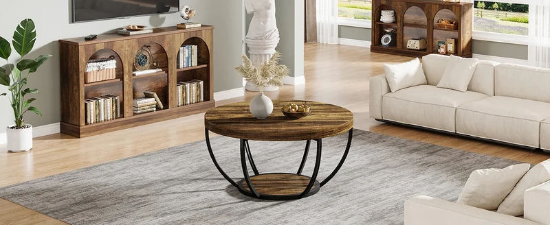 Table basse Marc — bois, style industriel, rangement intégré, 2 niveaux