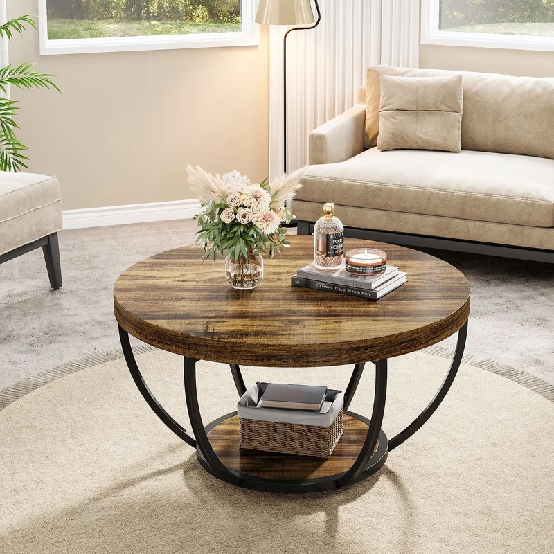 Table basse Marc — bois, style industriel, rangement intégré, 2 niveaux