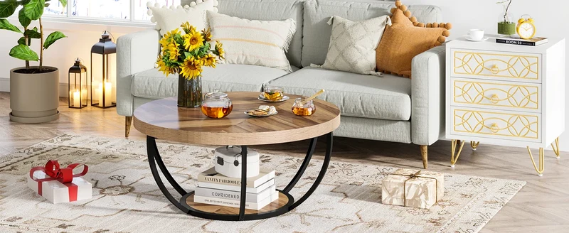 Table basse Marc — bois, style industriel, rangement intégré, 2 niveaux